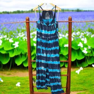 Young Fabulous & Broke Navy and Teal maxi Dress braided straps front slit